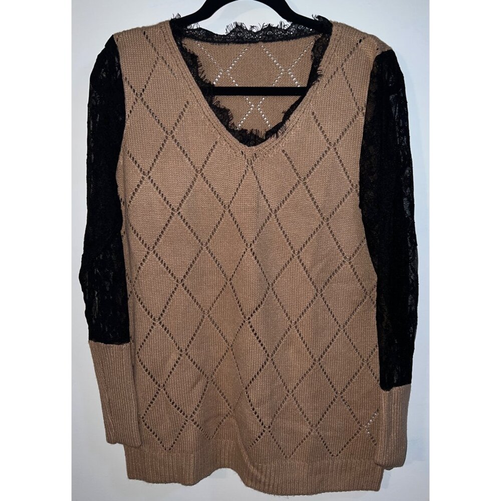 Tan Knit Sweater With Black Lace Sleeves V-Neck Diamond Pattern Design Size Sm